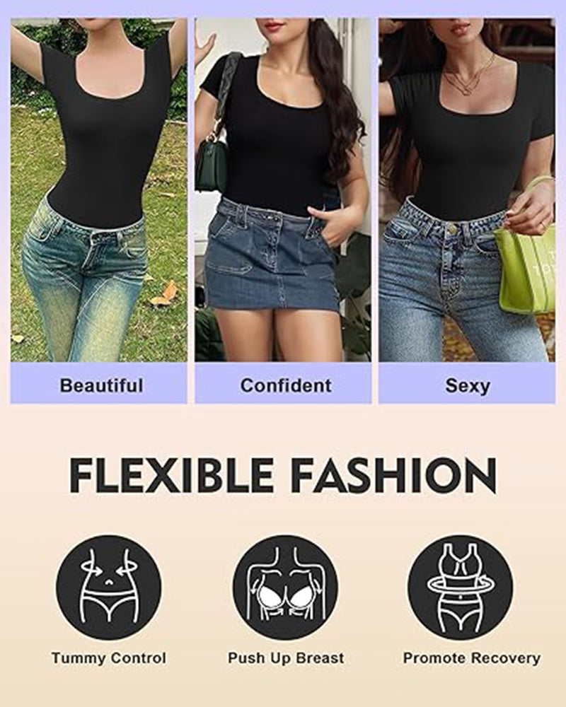 Seamless Square Neck Bodysuit For Women Tummy Control Short Sleeve Thong Shapewear Slim Fit Body Sculpting Shaper Everyday Wear