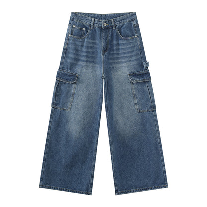Bleached Wide-leg Multi-pocket Straight-leg Casual Work Pants