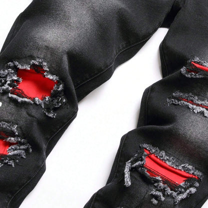 Men's Fashionable Straight-Leg Ripped Black Jeans