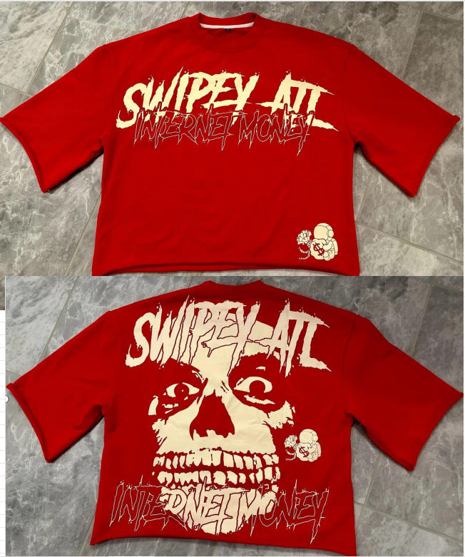 Red Harajuku-style T-shirt With Three-quarter Sleeves
