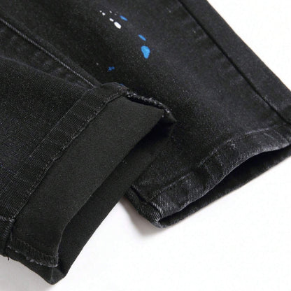 Men's Fashionable Straight-Leg Ripped Black Jeans
