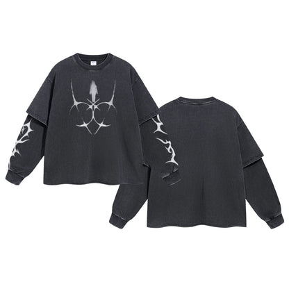 Printed Crew-neck American-style Trendy Brand Vintage Washed Faux Two-piece Loose-fit Men's Long T-shirt