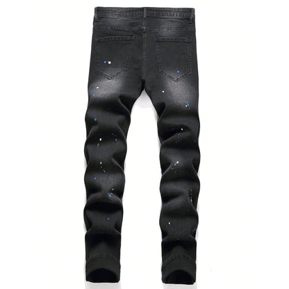 Men's Fashionable Straight-Leg Ripped Black Jeans