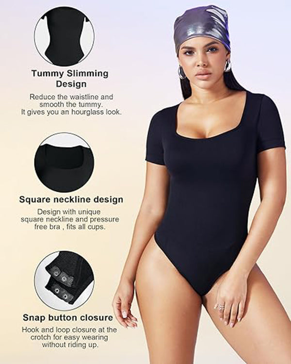 Seamless Square Neck Bodysuit For Women Tummy Control Short Sleeve Thong Shapewear Slim Fit Body Sculpting Shaper Everyday Wear