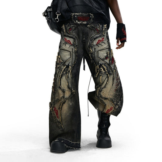 Lucky Pattern Embroidered Patchwork Jeans