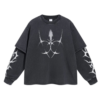 Printed Crew-neck American-style Trendy Brand Vintage Washed Faux Two-piece Loose-fit Men's Long T-shirt