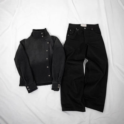 Street-style Printed Straight-leg Washed Denim Jeans