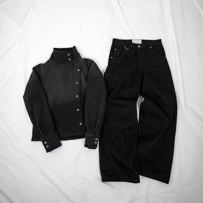 Street-style Printed Straight-leg Washed Denim Jeans
