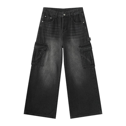 Bleached Wide-leg Multi-pocket Straight-leg Casual Work Pants